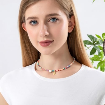 JUNYANGY Initial Necklaces for Women,Colorful Beaded Choker Necklaces for Women Gifts Bohemian Letter Choker Necklace Jewelry for Women Birthday Gifts
