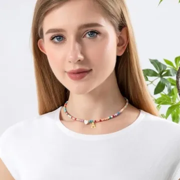 JUNYANGY Initial Necklaces for Women,Colorful Beaded Choker Necklaces for Women Gifts Bohemian Letter Choker Necklace Jewelry for Women Birthday Gifts