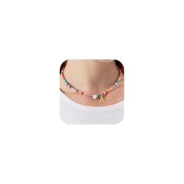 JUNYANGY Initial Necklaces for Women,Colorful Beaded Choker Necklaces for Women Gifts Bohemian Letter Choker Necklace Jewelry for Women Birthday Gifts