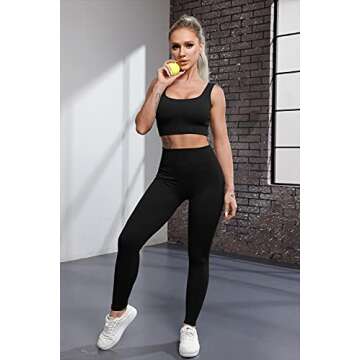 QINSEN Yoga Outfits for Women 2 Piece Set,Ribbed Stretchy Padded Crop Tops GMY Fitted Leggings Black S
