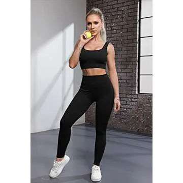 QINSEN Yoga Outfits for Women 2 Piece Set,Ribbed Stretchy Padded Crop Tops GMY Fitted Leggings Black S