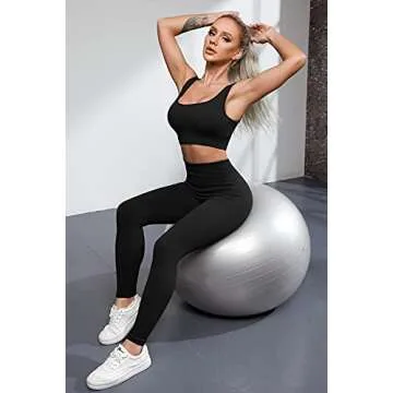 QINSEN Yoga Outfits for Women 2 Piece Set,Ribbed Stretchy Padded Crop Tops GMY Fitted Leggings Black S