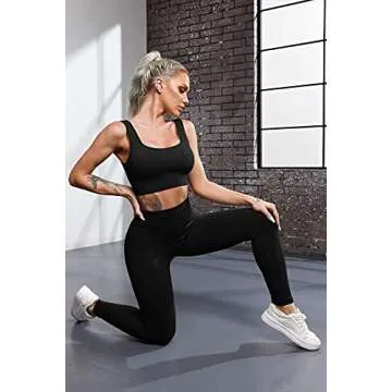 QINSEN Yoga Outfits for Women 2 Piece Set,Ribbed Stretchy Padded Crop Tops GMY Fitted Leggings Black S