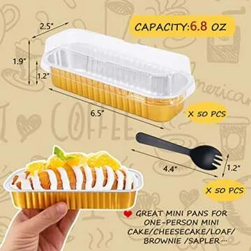 LNYZQUS Disposable Baking Tins Foil Mini Pans With Lids 50 Pack, 6.8oz 6.5"x2.5"x1.2" Aluminum Small Loaf Pans,Rectangle Muffin Tins Mini Cake Baking Pans Containers For Bread Loaf -Gold