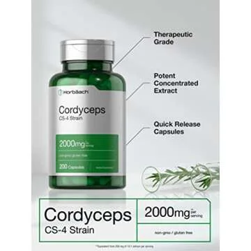 Horbäach Cordyceps Mushroom Capsules 2000mg | 200 Count | CS-4 Strain Cordyceps Sinesis | Non-GMO Herbal Supplement