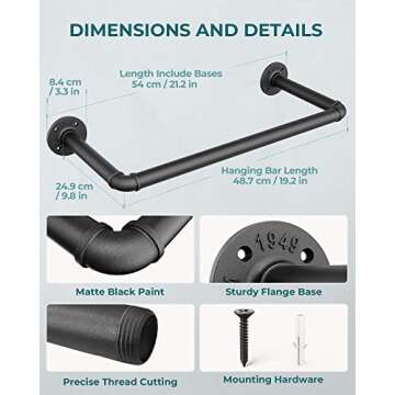 OROPY Industrial Pipe Clothes Rack 21.2” Set of 2, Heavy Duty Wall Mounted Black Iron Garment Bar, Multi-Purpose Clothing Hanging Rod for Laundry Room and Closet Storage