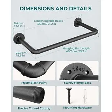 OROPY Industrial Pipe Clothes Rack 21.2” Set of 2, Heavy Duty Wall Mounted Black Iron Garment Bar, Multi-Purpose Clothing Hanging Rod for Laundry Room and Closet Storage
