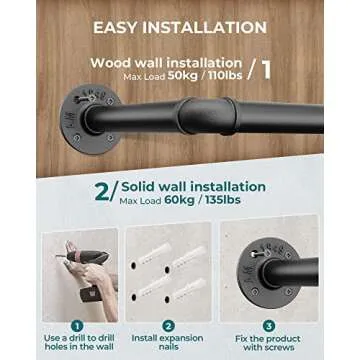 OROPY Industrial Pipe Clothes Rack 21.2” Set of 2, Heavy Duty Wall Mounted Black Iron Garment Bar, Multi-Purpose Clothing Hanging Rod for Laundry Room and Closet Storage