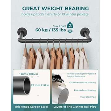 OROPY Industrial Pipe Clothes Rack 21.2” Set of 2, Heavy Duty Wall Mounted Black Iron Garment Bar, Multi-Purpose Clothing Hanging Rod for Laundry Room and Closet Storage