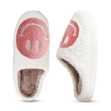 Smile Face Slippers for Women Happy face slippers Retro Soft Plush Warm Slip-on Slippers, Cozy Indoor Outdoor Slippers