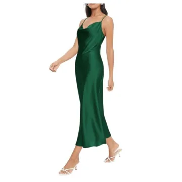 Floerns Women's Dark Green Satin Silk Midi Dress Party Wear