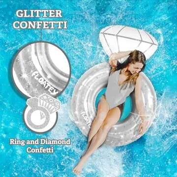 Floatey Bachelorette Party Decorations - XtraLarge Diamond Ring Pool Float | Shiny Glitter Conffetti Inside | Bachelorette Pool Floats for Bride, Ring Floatie Bachelorette Party Accessories, Silver