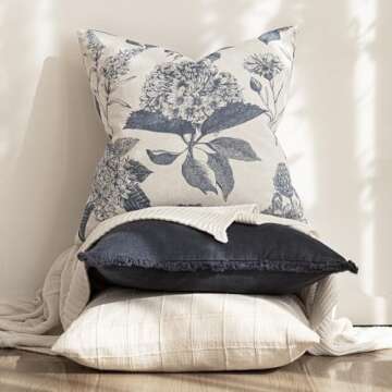 Foindtower Set of 2 Linen Floral Vintage Throw Pillow Covers Neutral Accent Print Decorative Cushion Covers Farmhouse Boho Home Decor for Sofa Chair Couch Bedroom Living Room Outdoor,18×18 Inch,Blue