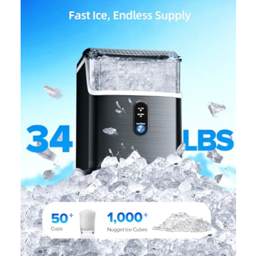 Electactic Nugget Ice Maker Countertop with Handle, 34lbs/24H, Portable Pellet Ice Machine, Soft Che...