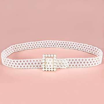 Barry.Wang Wide Belt for Women Fashion Wedding Sash Dress Pearls Belt Square Buckle Elastic Waist Chain