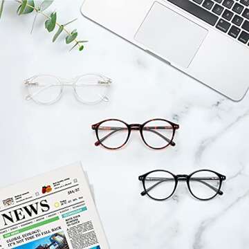 MIGSIR 3 Pack Blue Light Blocking Glasses for Computer Gaming Eye Strain, Round Fashion Fake Eyeglasses Frames for Women Men (Bright Black+ Leopard+ Clear)