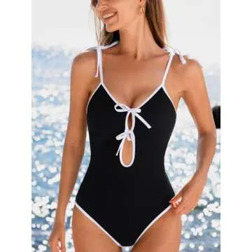 CUPSHE Women's One Piece Swimsuit Scoop Neck Front Keyholes with Tie Accents Adjustable Tied Strap Bathing Suit, M Black/White