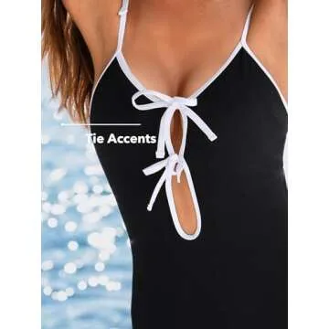 CUPSHE Women's One Piece Swimsuit Scoop Neck Front Keyholes with Tie Accents Adjustable Tied Strap Bathing Suit, M Black/White