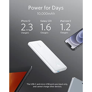 Anker Power Bank(PowerCore 10K),Compact Travel-Ready 10,000mAh Battery Pack with PowerIQ Charging Technology,5V/3A High-Speed Charging,USB-C for iPhone,iPad,and More (USB-C Input Only（White）, 1 Pack)