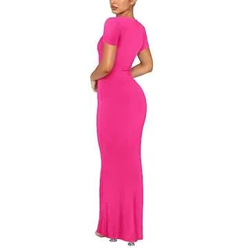 REORIA Women's Summer Sexy Casual Lounge Long Dress Elegant Wedding Guest Short Sleeve Crew Neck Bodycon Maxi Dresses Rose Red Medium