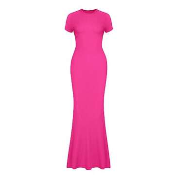 REORIA Women's Summer Sexy Casual Lounge Long Dress Elegant Wedding Guest Short Sleeve Crew Neck Bodycon Maxi Dresses Rose Red Medium