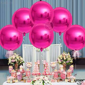KatchOn, Big Hot Pink Balloons - 22 Inch, Pack of 6 | Round 4D Mylar Hot Pink Foil Balloons | Galentines Balloons for Galentines Day Decorations | Hot Pink Metallic Balloons for Pink Party Decorations
