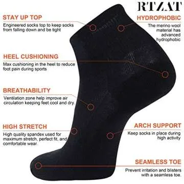 RTZAT 90% Merino Wool Ankle Men's Women's Athletic Business Casual Running Moisture Wicking Everyday Thin Wool Socks, Large, Black, 3 Pairs