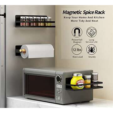 SlimmKISS Magnetic Spice Rack Holder Paper Towel Holder with Hook for Refrigerator Fridge Organizer for Kitchen, Space Saver Container for Kitchen/Apartment, Drill Free, Black，3 Packs