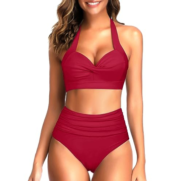 Tempt Me Women's Vintage Swimsuits Red Retro Halter Ruched High Waist Bikini with Bottom M