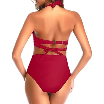 Tempt Me Women's Vintage Red Retro Halter Ruched Bikini