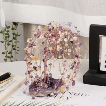 sumgiftforall Handmade Amethyst Healing Crystal Tree of Prosperity on Amethyst Cluster Base Bonsai Tree for Health & Luck Home Office Decor, Amethyst and Citrine
