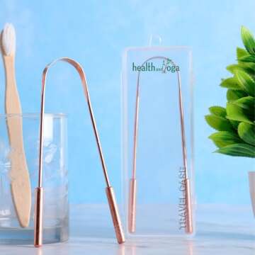 HealthAndYoga™ qSwipe Copper Tongue Cleaner Scraper - Hygienic, Non-Synthetic Grip – Tongue Brush Cleaner (Copper - 2-Pack)