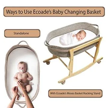 Baby Changing Basket - Moses Basket Changing Table Topper and Thick Foam Pad with Removable Cotton Mattress Cover, 100% Cotton Boho Nursery Decor with Storage Bag