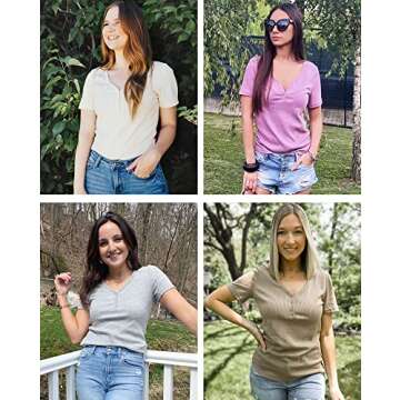 MEROKEETY Women's Short Sleeve V Neck Ribbed Knit Button T Shirts Henley Solid Color Summer Tops, White, S