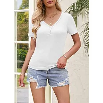 MEROKEETY Women's Short Sleeve V Neck Ribbed Knit Button T Shirts Henley Solid Color Summer Tops, White, S