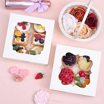 TOMNK 60pcs Cookie Boxes, 8x8x2.5 Inches Bakery Boxes with 2 Style Windows, Valentine's Day Boxes, White Bakery, Pastry, Dessert, Cake Boxes for Chocolate Strawberries Pie