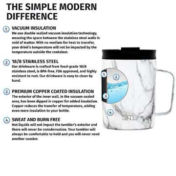 Simple Modern Travel Coffee Cup with Lid and Handle | Reusable Insulated Stainless Steel Iced Coffee Mug Cold Brew Tumbler and Tea Cup | Scout Collection | 12oz | Carrara Marble