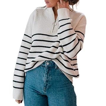 Amkoyam Women's Fall Sweaters 2024 Casual Long Sleeve Striped Knitted Loose Pullover Jumper Tops with Half Zip Up (Style2-White, Large)