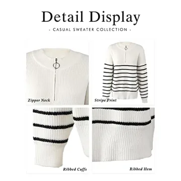 Amkoyam Women's Fall Sweaters 2024 Casual Long Sleeve Striped Knitted Loose Pullover Jumper Tops with Half Zip Up (Style2-White, Large)