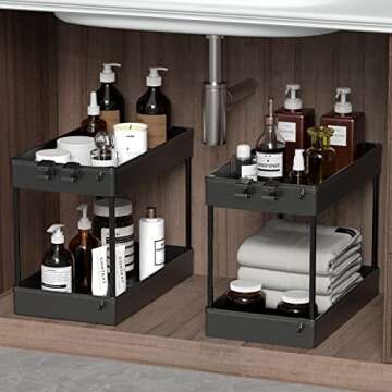 SPACEKEEPER Under Sink Organizer, 2 Tier Under Sink Storage Organizer, Bathroom Standing Rack, Bath Collection Baskets with Hooks, Multi-purpose Storage Shelf for Bathroom Kitchen, Black