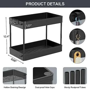 SPACEKEEPER Under Sink Organizer, 2 Tier Under Sink Storage Organizer, Bathroom Standing Rack, Bath Collection Baskets with Hooks, Multi-purpose Storage Shelf for Bathroom Kitchen, Black