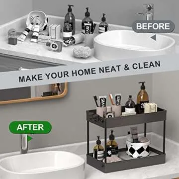 SPACEKEEPER Under Sink Organizer, 2 Tier Under Sink Storage Organizer, Bathroom Standing Rack, Bath Collection Baskets with Hooks, Multi-purpose Storage Shelf for Bathroom Kitchen, Black