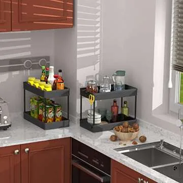 SPACEKEEPER Under Sink Organizer, 2 Tier Under Sink Storage Organizer, Bathroom Standing Rack, Bath Collection Baskets with Hooks, Multi-purpose Storage Shelf for Bathroom Kitchen, Black