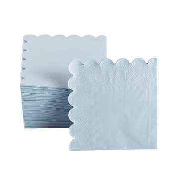 100 Pack Cocktail Napkin 2-Ply Scalloped Edged Dessert Napkins Folded 5 x 5 Inches Disposable Napkins for Dinner Wedding Birthday Party Bridal Anniversary Reception Event (Light Blue)