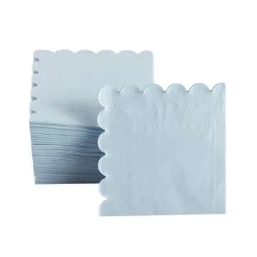100 Pack Cocktail Napkin 2-Ply Scalloped Edged Dessert Napkins Folded 5 x 5 Inches Disposable Napkins for Dinner Wedding Birthday Party Bridal Anniversary Reception Event (Light Blue)