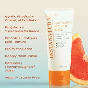 InstaNatural Exfoliating Glycolic Acid Face Mask for Women & Men, Gentle Exfoliator, Pore Minimizer, Anti Aging, Blackhead Remover, Acne Facial Treatment with Vitamin C and Turmeric, 2 Fl Oz