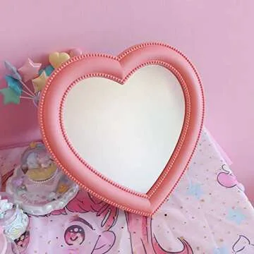 Guppy 11 inch Heart Shape Makeup Mirror Pink Love Wall Hanging Desktop Vanity Mirror with Stand Bedroom Dressing Table Decoration Cosmetic Mirror for Women Girls Pink (QL2981-Mirror-1)