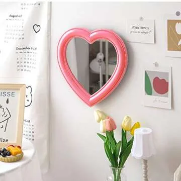 Guppy 11 inch Heart Shape Makeup Mirror Pink Love Wall Hanging Desktop Vanity Mirror with Stand Bedroom Dressing Table Decoration Cosmetic Mirror for Women Girls Pink (QL2981-Mirror-1)
