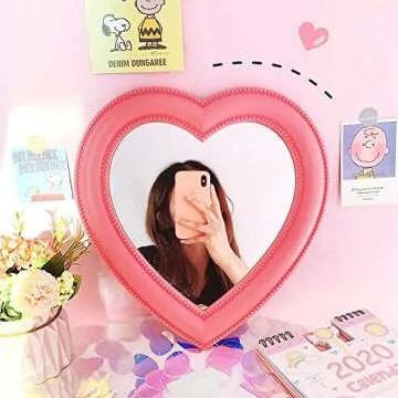 Guppy 11 inch Heart Shape Makeup Mirror Pink Love Wall Hanging Desktop Vanity Mirror with Stand Bedroom Dressing Table Decoration Cosmetic Mirror for Women Girls Pink (QL2981-Mirror-1)