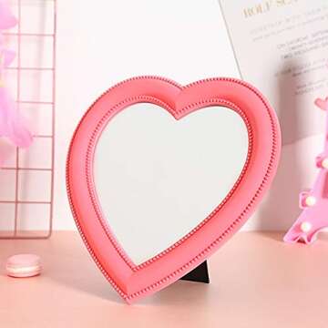 Guppy 11 inch Heart Shape Makeup Mirror Pink Love Wall Hanging Desktop Vanity Mirror with Stand Bedroom Dressing Table Decoration Cosmetic Mirror for Women Girls Pink (QL2981-Mirror-1)